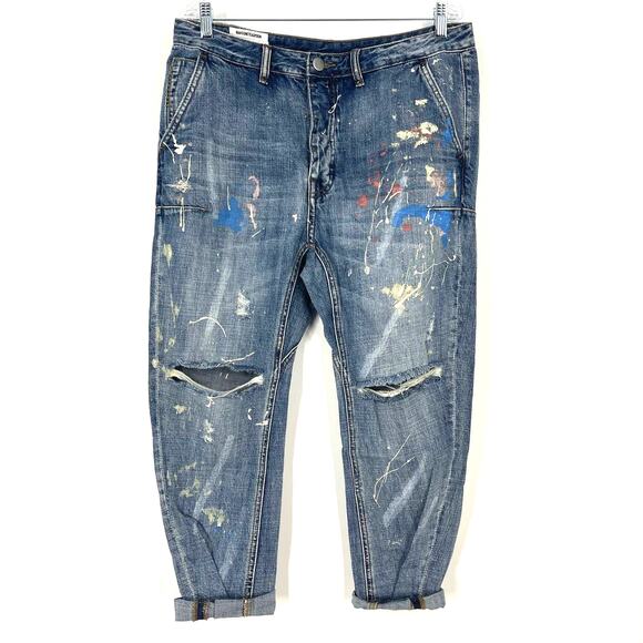 Man X One Teaspoon 34R Blue Suede Mr Browns Paint Splattered Distressed Jeans - Picture 12 of 12